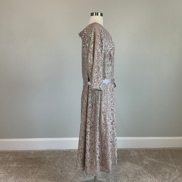 Alex Evenings Sequined Lace Cocktail Dress Size 24W Taupe Belted Fit and Flare - Picture 3 of 11
